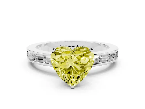 Fancy Yellow Heart Cut Solitaire Diamond Ring with Channel-Set Baguette Band and Four-Prong Setting White gold