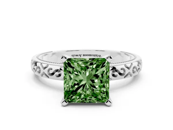 Fancy Green Princess Cut Solitaire Engagement Ring with Scrollwork Band and Four-Prong Setting White gold