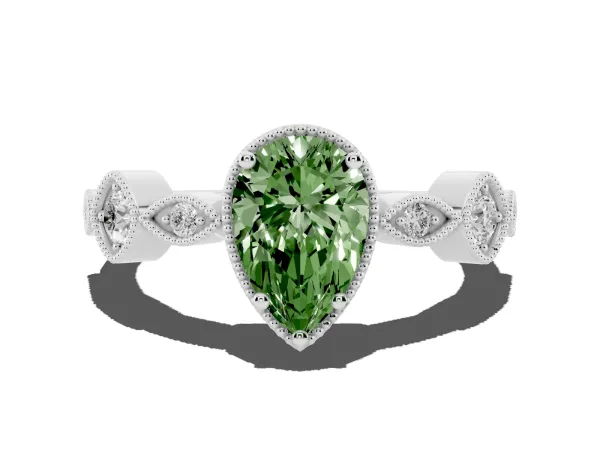 Fancy Green Pear Cut Diamond Vintage Milgrain Ring with Round Stations Platinum