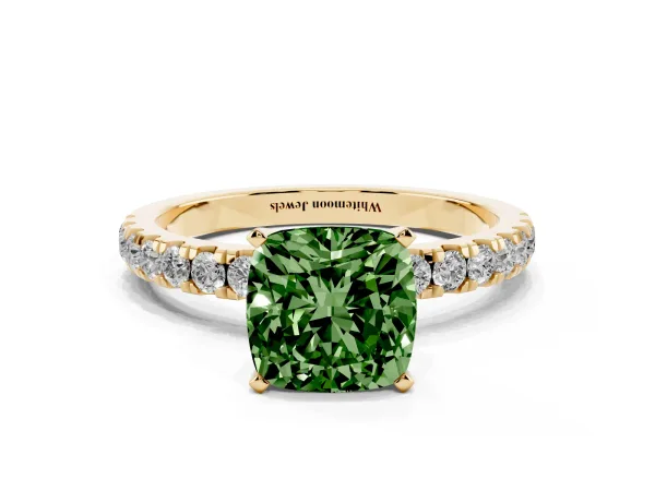 Fancy Green Cushion Cut Diamond Solitaire Ring with Pavé Accents and Four-Prong Setting Yellow gold