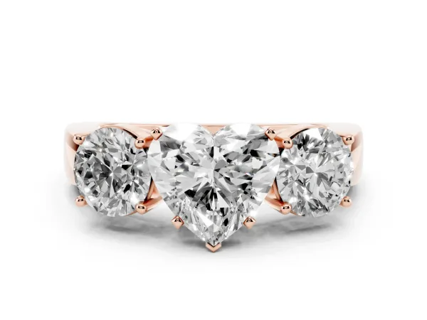 Three-Stone Heart Cut Diamond Ring with Round Side Stones, Classic Band, and Four-Prong Setting Rose gold