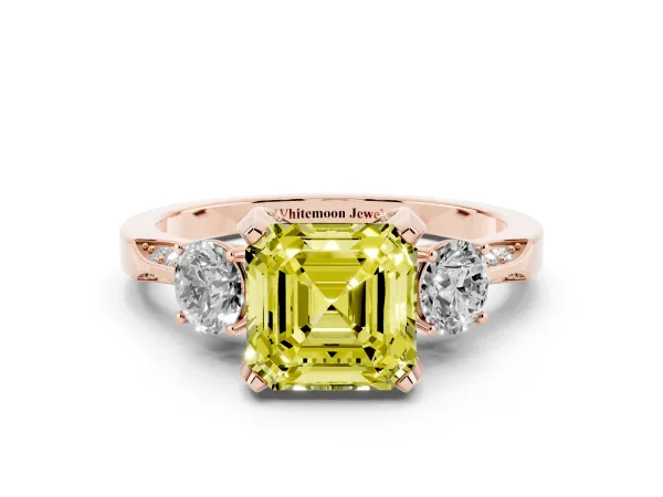Fancy Yellow Asscher Cut Brilliant Three-Stone Diamond Ring with Pavé Band and Four-Prong Setting Rose gold