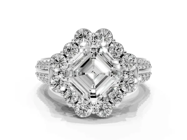 Asscher Cut Halo Diamond Engagement Ring with Split Shank and Prong Setting White gold
