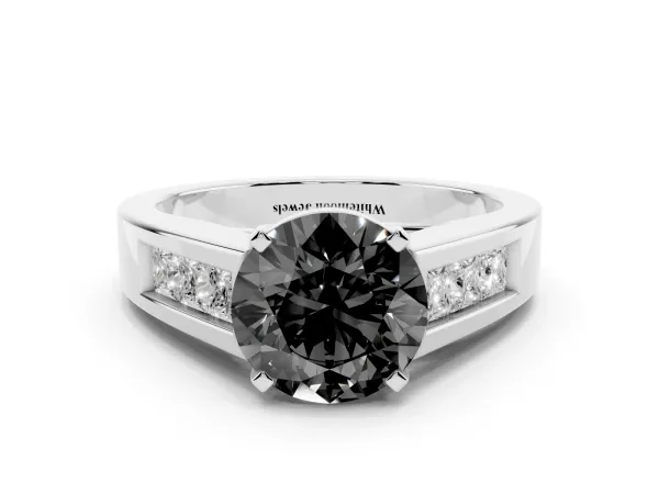 Fancy Black Round Cut Cut Channel Set Solitaire Ring with Four-Prong Setting Platinum