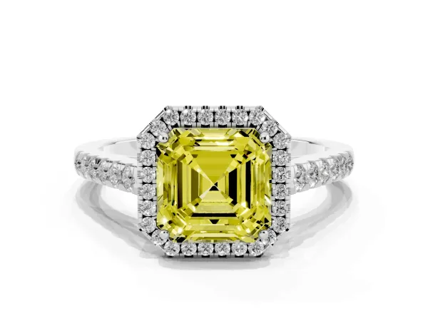 Fancy Yellow Asscher Cut Halo Pave Diamond Engagement Ring with Four-Prong Setting White gold