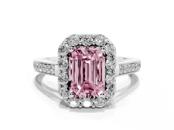 Fancy Pink Emerald Cut Diamond Floral Halo Ring with Pavé Band and Prong Setting White gold