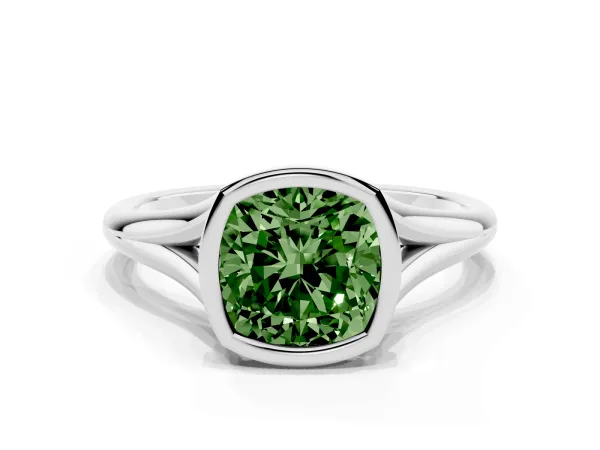 Fancy Green Bezel Set Cushion Cut Cut Solitaire Ring with Tapered Band White gold