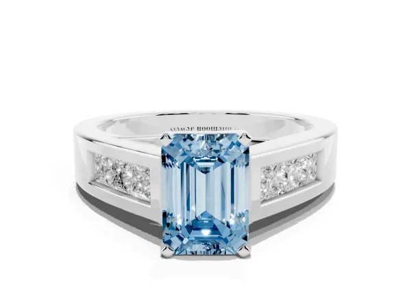Fancy Blue Emerald Cut Cut Channel Set Solitaire Ring with Four-Prong Setting Platinum
