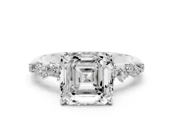 Asscher Cut Diamond Cluster Side Stone Solitaire Ring with Prong Setting Platinum
