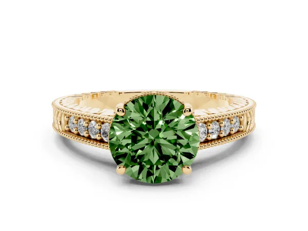 Fancy Green Round Cut Solitaire Pavé Diamond Milgrain Engagement Ring with Four-Prong Setting Yellow gold