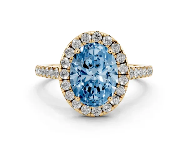 Fancy Blue Oval Cut Halo Pave Diamond Engagement Ring with Four-Prong Setting Yellow gold