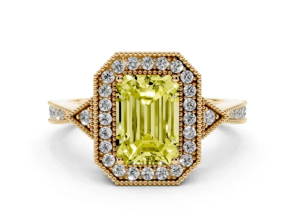 Fancy Yellow Emerald Cut Halo Round Diamond Milgrain Pave Engagement Ring Yellow gold