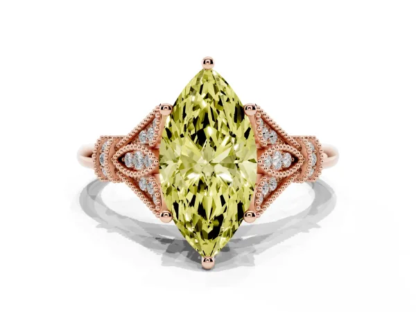 Fancy Yellow Marquise Cut Diamond Solitaire Ring with Floral Filigree and Pave Accents Rose gold