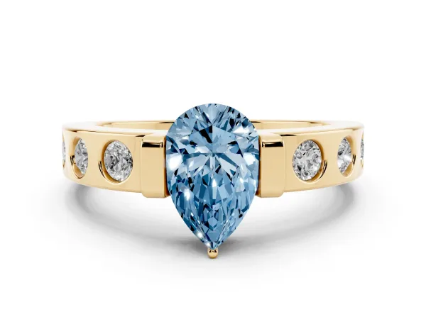 Fancy Blue Pear Cut Brilliant Channel-Set Diamond Ring with Bezel Prong Setting Yellow gold