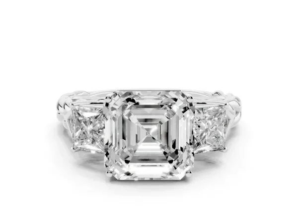Three-Stone Asscher Cut Diamond Braided Band Ring with Four-Prong Setting White gold