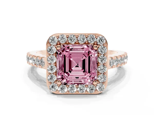 Fancy Pink Asscher Cut Diamond Halo Ring with Round Pavé Split Shank and Prong Setting Rose gold