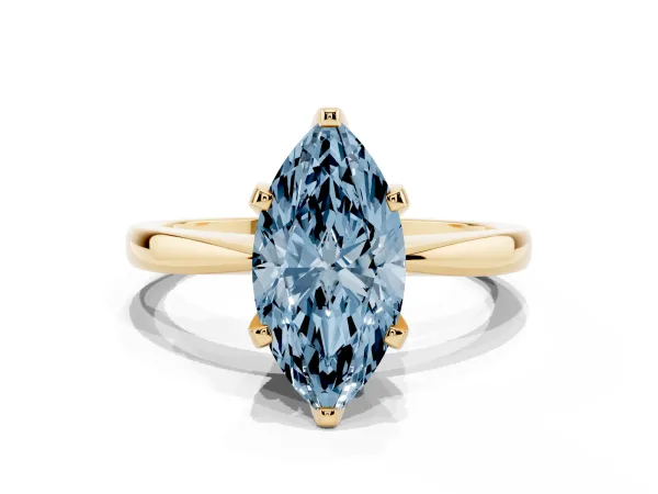 Fancy Blue Marquise Cut Solitaire Engagement Ring with Six-Prong Setting and Tapered Band Yellow gold