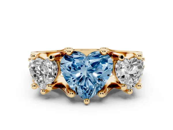 Fancy Blue Heart Cut Diamond Three-Stone Ring with Channel Set Band and Four-Prong Setting Yellow gold