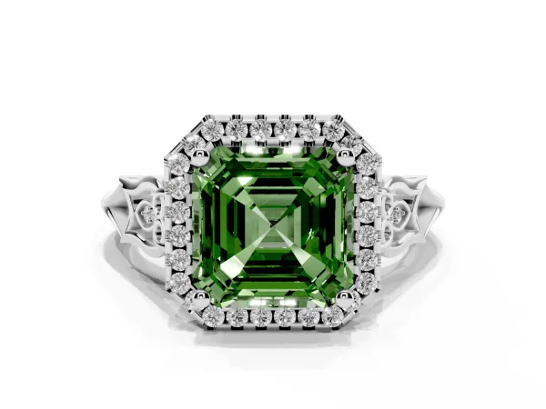 Fancy Green Asscher Cut Halo Diamond Engagement Ring with Filigree Band and Four-Prong Setting White gold
