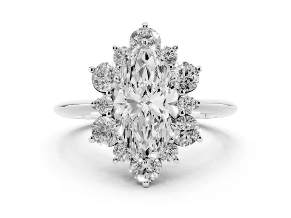 Marquise Cut Diamond Cluster Halo Ring with Solitaire Band and Four-Prong Setting Platinum