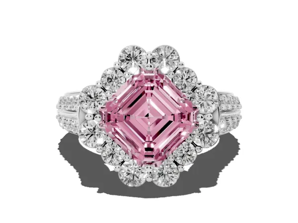 Fancy Pink Asscher Cut Halo Diamond Engagement Ring with Split Shank and Prong Setting Platinum