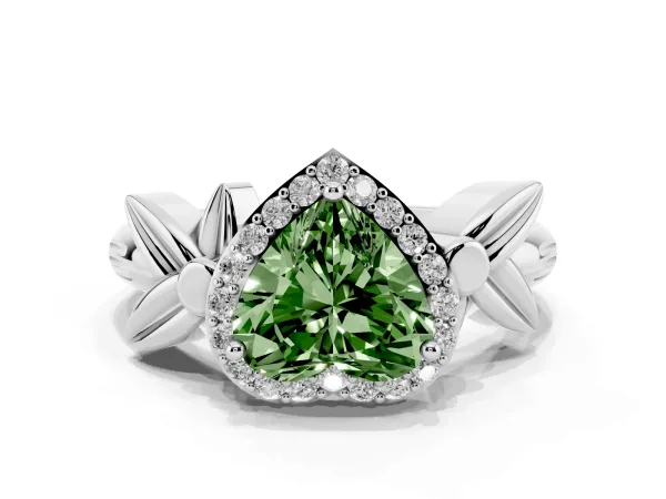 Fancy Green Heart Cut Halo Diamond Floral Band with Four-Prong Setting White gold
