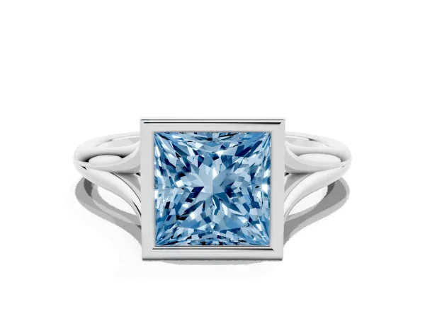 Fancy Blue Bezel Set Princess Cut Cut Solitaire Ring with Tapered Band Platinum