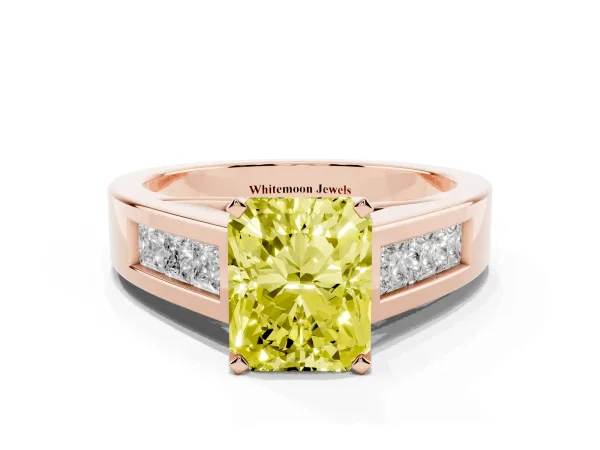 Fancy Yellow Radiant Cut Cut Channel Set Solitaire Ring with Four-Prong Setting Rose gold