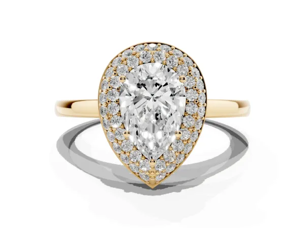 Pear Cut Halo Diamond Engagement Ring with Solitaire Band and Four-Prong Setting Yellow gold