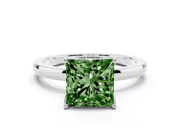 Fancy Green Princess Cut Diamond Solitaire Ring with Thin Band and Prong Setting Platinum