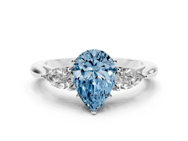 Fancy Blue Three-Stone Pear Cut Diamond Ring with Pear Side Stones in Four-Prong Setting White gold