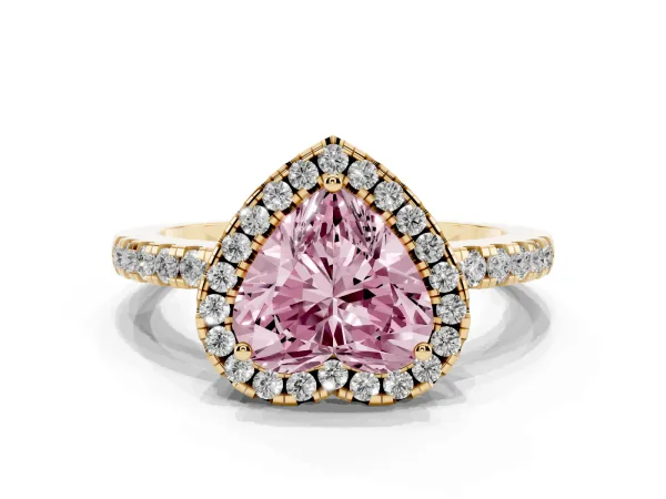 Fancy Pink Heart Cut Halo Diamond Engagement Ring with Pavé Band and Four-Prong Setting Yellow gold