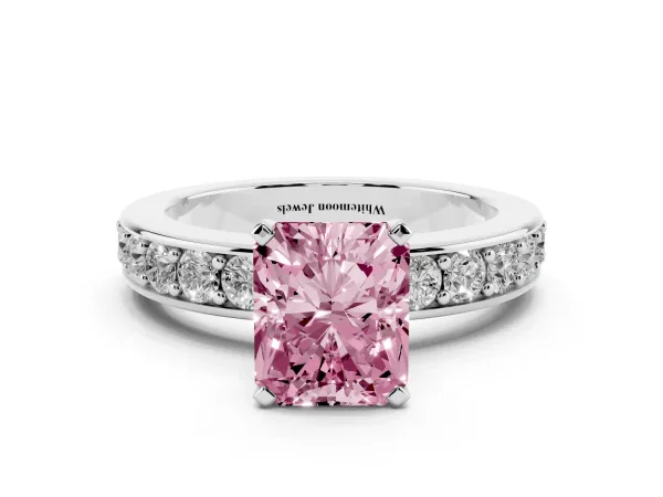 Fancy Pink Radiant Cut Diamond Engagement Ring with Channel Set Round Band and Prong Setting Platinum