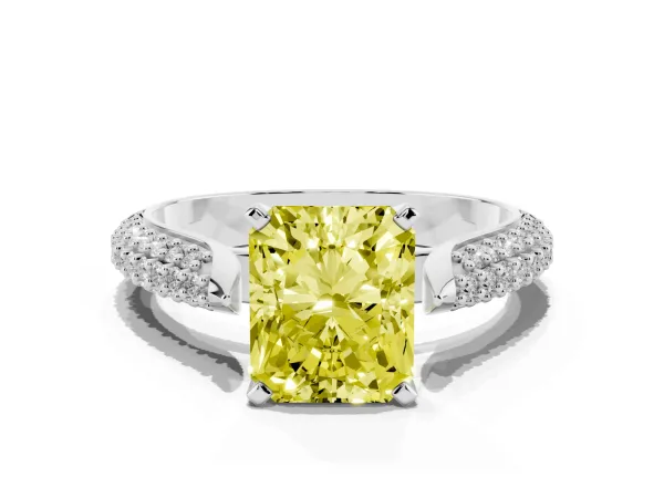 Fancy Yellow Radiant Cut Diamond Solitaire Engagement Ring with Multi-Row Round Pavé Band and Prong Setting Platinum