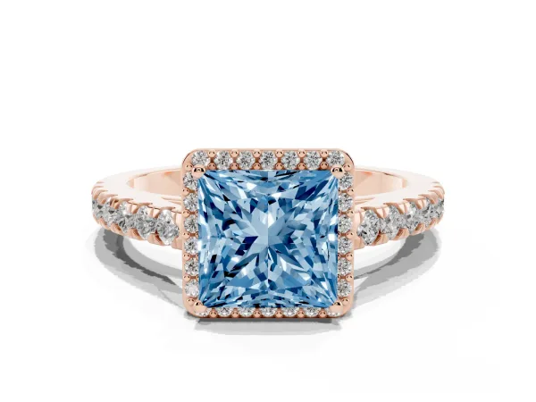 Fancy Blue Princess Cut Cut Halo Diamond Engagement Ring with Pave Band and Four-Prong Setting Rose gold