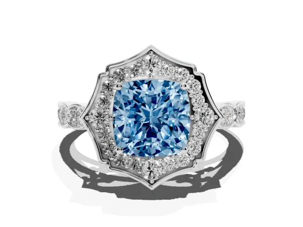 Fancy Blue Cushion Cut Halo Diamond Engagement Ring with Milgrain Band and Four-Prong Setting White gold