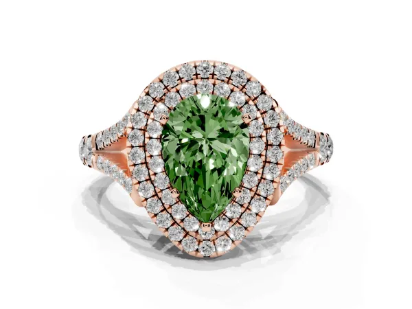 Fancy Green Double Halo Pear Cut Diamond Split Shank Engagement Ring with Four-Prong Setting Rose gold