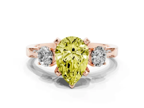 Fancy Yellow Pear Cut Brilliant Three-Stone Diamond Ring with Pavé Band and Four-Prong Setting Rose gold