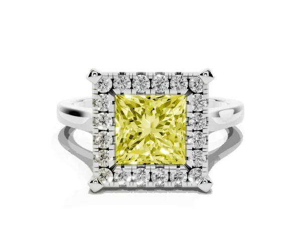 Fancy Yellow Princess Cut Diamond Cluster Halo Solitaire with Four-Prong Setting Platinum