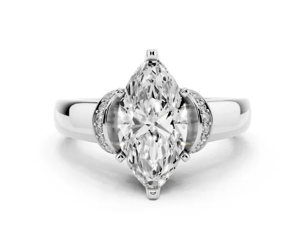 Marquise Cut Solitaire Diamond Ring with Pave Band and Six-Prong Setting Platinum