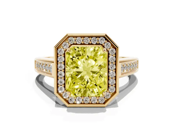 Fancy Yellow Emerald Cut Halo Solitaire Diamond Ring with Pave Band and Bezel Setting Yellow gold