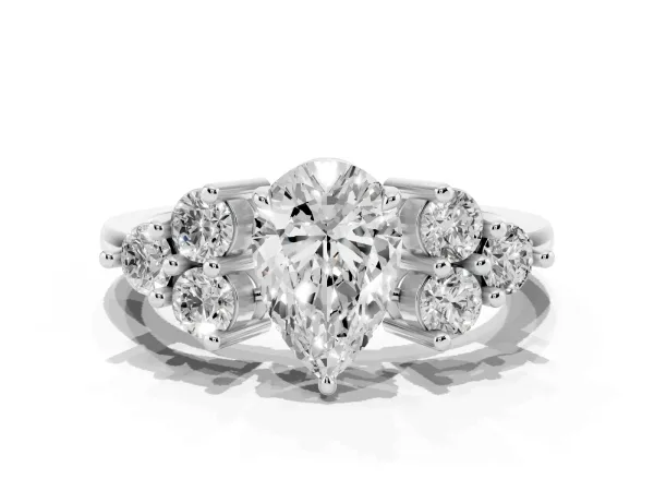 Pear Cut Brilliant Diamond Cluster Accent Solitaire Ring with Prong Setting White gold
