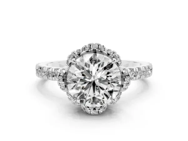 Round Cut Diamond Halo Pave Band with Four-Prong Setting Platinum