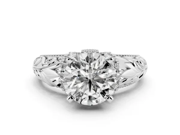 Round Cut Solitaire Filigree Engagement Ring with Halo and Prong Setting White gold