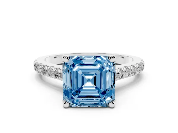 Fancy Blue Asscher Cut Brilliant Diamond Solitaire with Pavé Band and Four-Prong Setting White gold