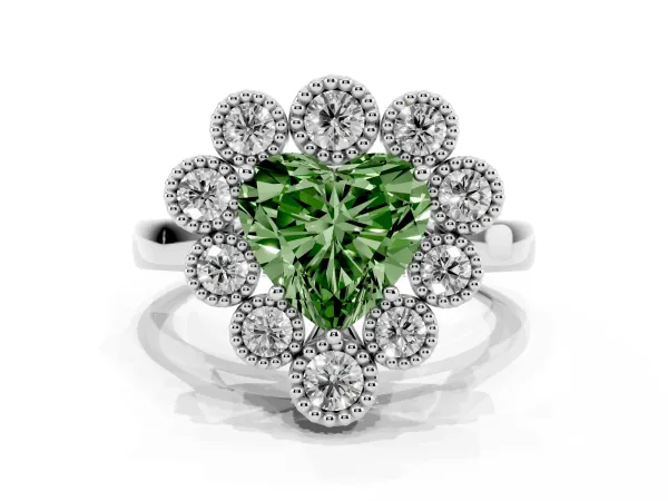 Fancy Green Heart Cut Halo Diamond Cluster Engagement Ring with Milgrain Bezel Setting and Solitaire Band Platinum
