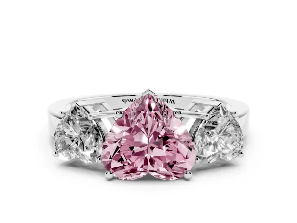 Fancy Pink Three-Stone Heart Cut Cut Diamond Engagement Ring with Flat Band and Four-Prong Setting Platinum