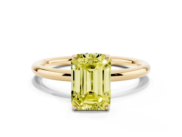 Fancy Yellow Emerald Cut Solitaire Diamond Ring with a Classic Band and Four-Prong Setting Yellow gold