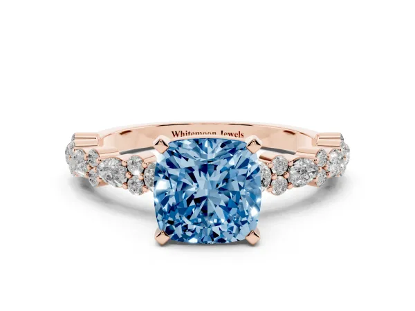 Fancy Blue Cushion Cut Diamond Side Stone Solitaire Ring with Round and Four-Prong Setting Rose gold
