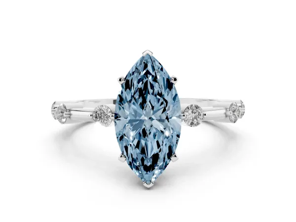 Fancy Blue Marquise Cut Solitaire Diamond Ring with Bezel Set Side Stones and Prong Setting Platinum